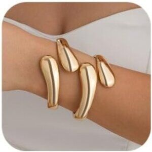 Women Gold Chunky Cuff Open Teardrop Set Wide Wire Irregular Minimalist Bracelet